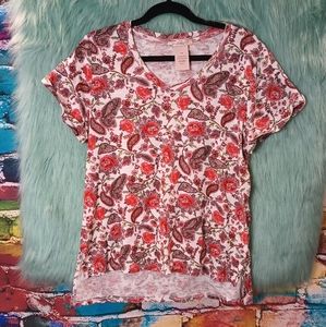 Philosophy Red and White Floral Short Sleeve V-Neck Top Size L